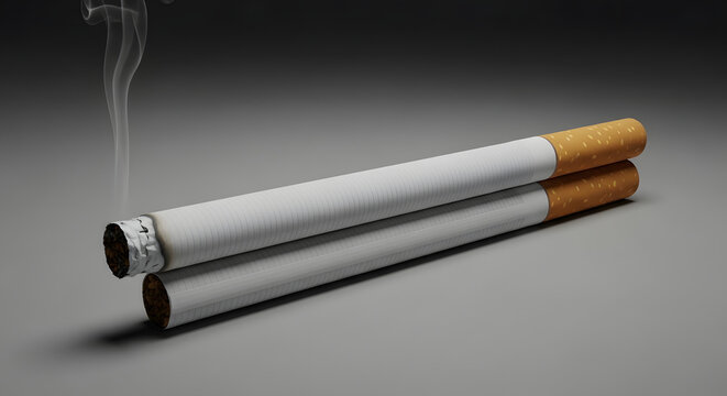 Two lit cigarettes with smoke on dark background, nicotine addiction concept .Generated-AI