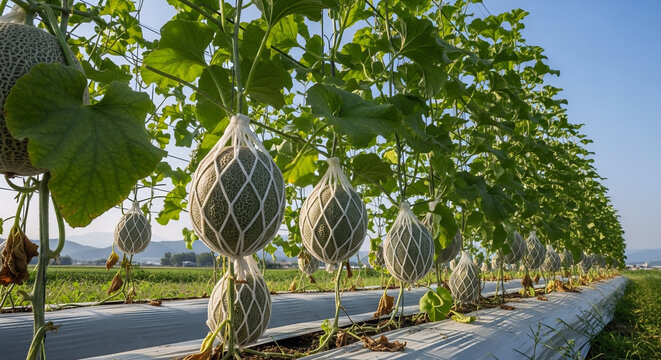 Hanging cantaloupes grow on vines in a cultivated agricultural field