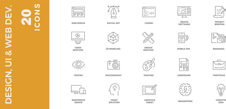 20 Modern Minimalist Digital Design and Creative Agency Line Icon Set Featuring Web UI UX and Branding Vector Symbols