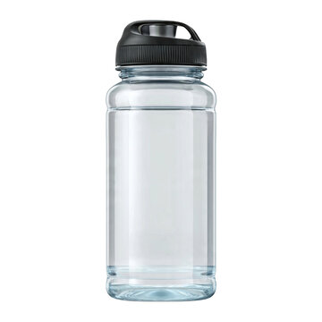 Clear plastic reusable water bottle with isolated on transparent background