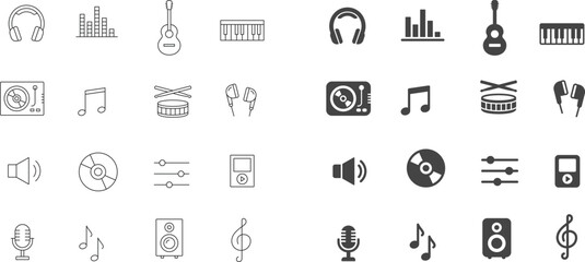 Fototapeta premium 32 Modern Music and Audio Production Icon Set Featuring Outline and Solid Glyph Styles for Sound Vector Design