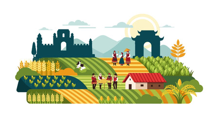 Fototapeta premium Global Agriculture and Traditional Harvest Celebration in a Diverse Rural Landscape - Flat Design Illustration