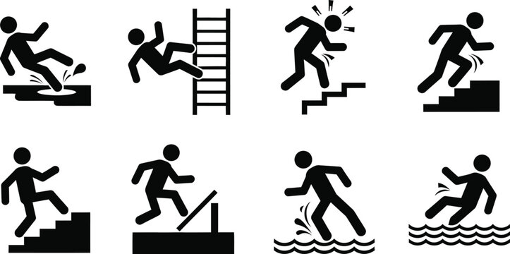 Types of falls and slip hazards, often used in workplace safety or caution signage. Slipping on a wet surface, falling off a ladder, stumbling down stairs, or tripping over an edge