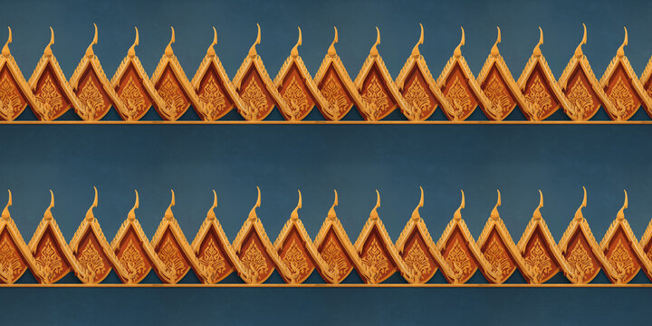 Traditional Thai golden temple roof finial border pattern on a dark blue background, seamless ornate cultural architectural decoration and heritage design element
