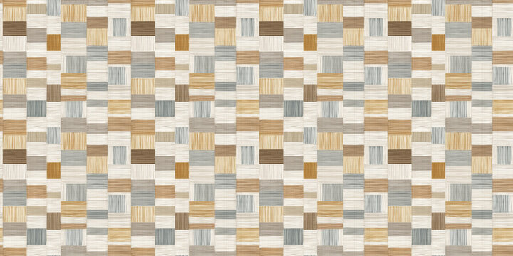 Seamless geometric pattern of wooden rectangular blocks in warm beige, tan, and brown tones, abstract patchwork tile background