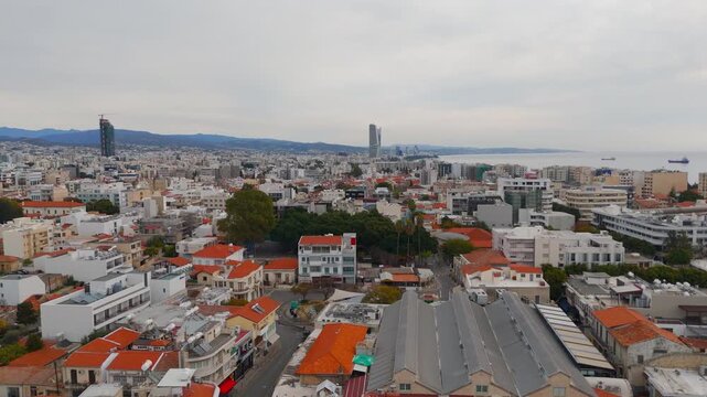 Drone Flyover of Limassol Urban Landscape and Agora Market District in Cyprus