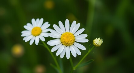 Fototapeta premium Close-up of Daisies with White Petals and Yellow Centers in Green Field