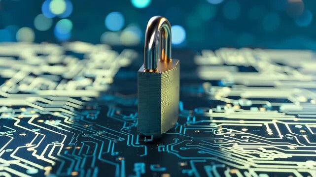 青い基板模様の中で発光する南京錠が情報保護を示すCG