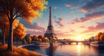 Obraz premium Eiffel Tower at sunset, Paris, France, autumn landscape, river Seine