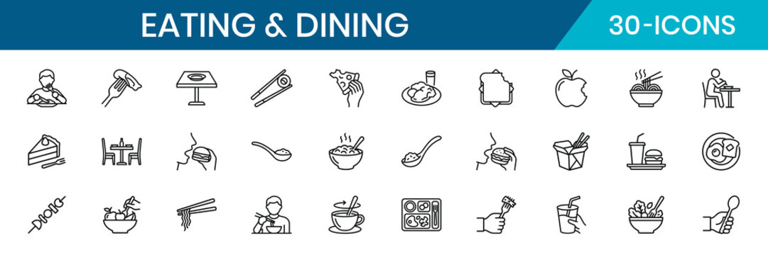 Eating Dining Thin Line Icon Set Minimalist Outline Fork Knife Chopsticks