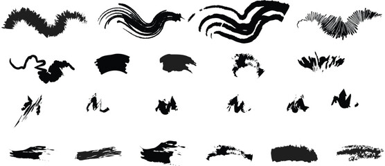 Fototapeta premium Collection of black ink brush strokes and paint splatters on a white background