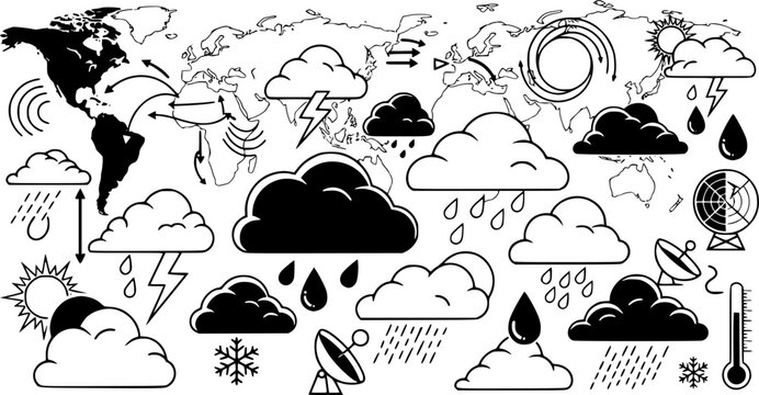 Weather symbols with clouds, map, and meteorological elements
