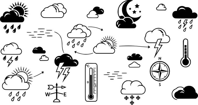 Weather symbols with clouds, map, and meteorological elements
