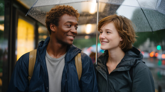 Two strangers sharing umbrella at foreign bus stop, laughing despite rain, backpacks touching, beginning of unexpected travel friendship in golden hour glow, perfect for serendipitous connections, a