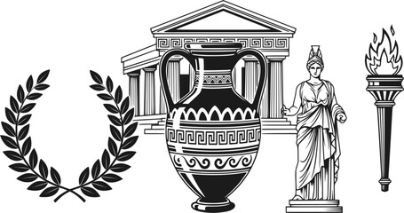 Fototapeta premium Ancient greek symbols: amphorae laurel wreath torch temple statue 