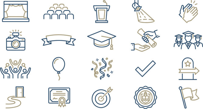 Collection of achievement celebration icons including stage, graduation cap, and congratulatory applause symbols