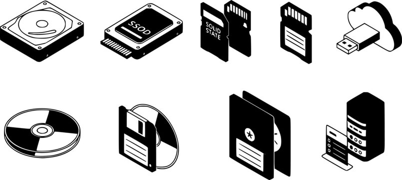 Collection of digital storage devices and media icons in isometric style
