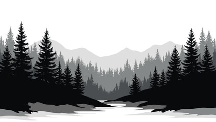 Fototapeta premium Pine trees silhouettes. Evergreen coniferous forest silhouette, nature spruce tree park 