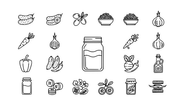 Modern pickled food outline icons set with jars vegetables and fermentation symbols circular vector collection