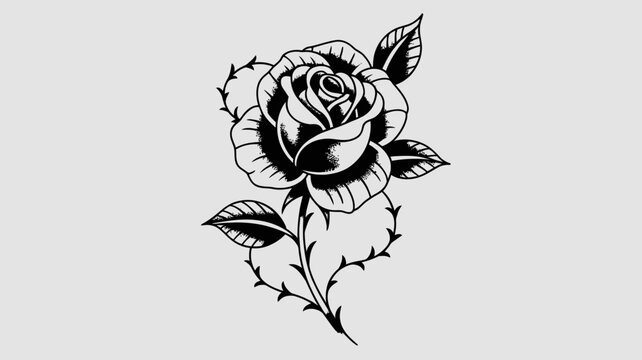 A delicate black and white illustration of a rose with thorns and leaves