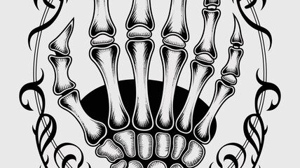 A striking black and white illustration of a skeletal hand with tribal designs © MdSafi