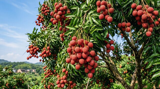 Lush lychee trees laden with ripe red fruit in a vibrant orchard