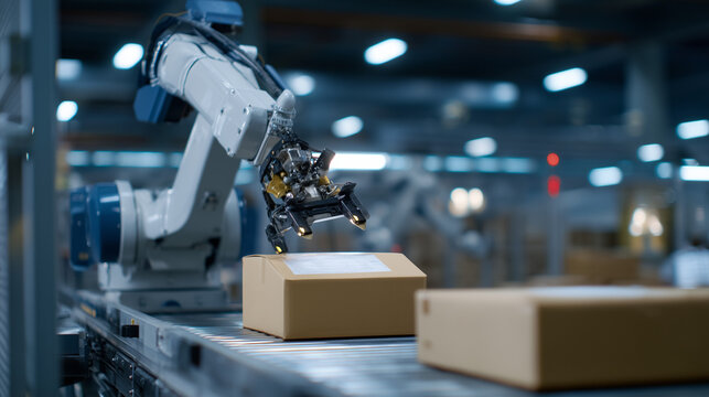 Robotic arms sorting packages by size and destination on conveyor system inside fulfillment center bathed in blue LED light, perfect for warehouse automation, order processing efficiency, and contem