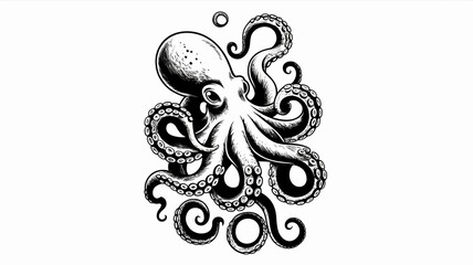 Detailed black and white illustration of an octopus with swirling tentacles © MdSafi