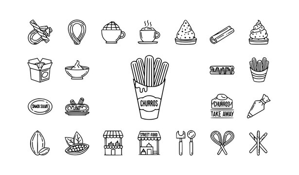 Churros dessert outline icons set with chocolate dipping sweet food and bakery symbols modern vector collection