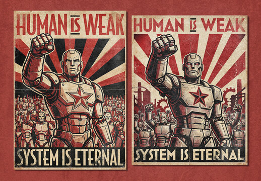 Retro Futurist Cyborg Propaganda Poster Layout