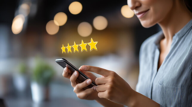 Customer reviews and feedback concept with a five-star rating interface on a smartphone, online reputation management and client satisfaction survey concept, defocused background,