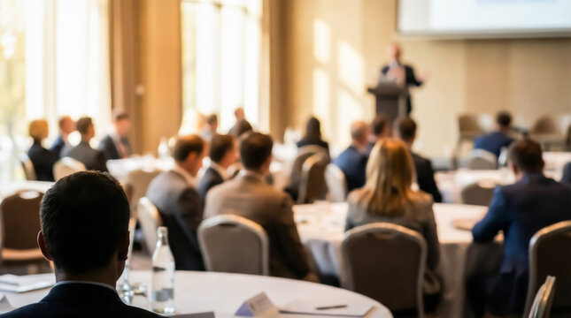 Business conference with speaker presenting to audience in a hotel meeting room