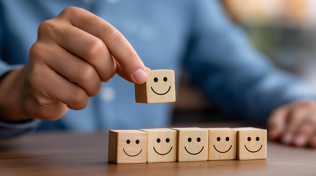 Person placing a wooden smiley block onto a feedback rating display, customer satisfaction and service quality improvement concept, defocused background, with copy space