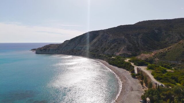 Drone Pan of Pissouri Shoreline Revealing Cape Aspro White Limestone Cliffs