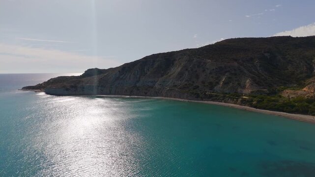 Aerial Panning View of Cape Aspro White Cliffs and Secluded Skiplili Beach in Cyprus Coastline