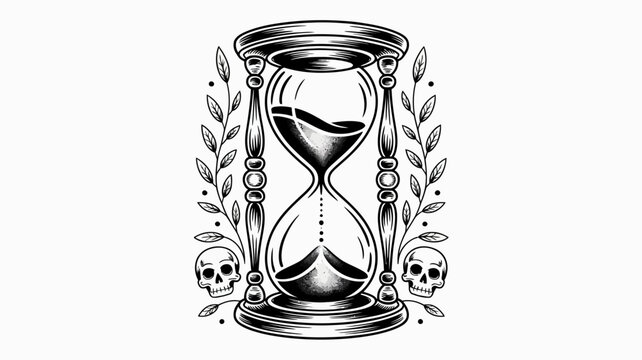 An ornate hourglass flanked by skulls and laurel branches a time themed illustration