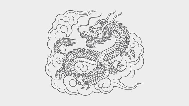 A detailed sketch of a traditional chinese dragon amidst swirling clouds