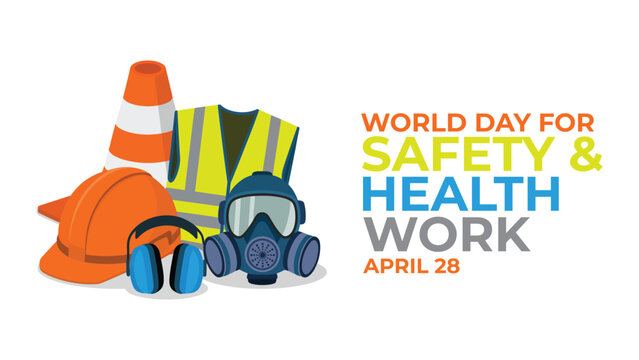 World Day for Safety and Health at Work illustration with safety gear helmet vest mask goggles industrial protection concept april 28 modern flat vector