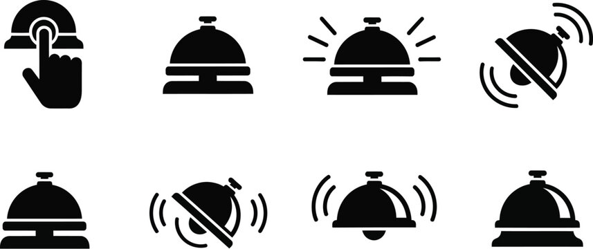 Desk bell, service bell icons for hotel reception desks or restaurant counters to signify a call for assistance. 