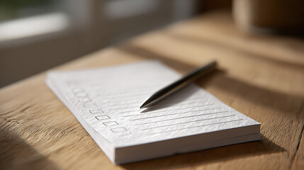 Obraz premium Close-up detail of a blank checklist notepad with a pen on a rustic wooden desk, bathed in warm sunlight, ready for task management