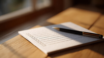 Obraz premium Sunlit Checklist with Pen on Wood Surface - Detailed View of Daily Tasks, Productivity, and Goal Setting