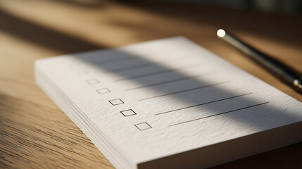 Fototapeta premium Blank Checklist Notebook and Pen on a Wooden Desk with Diagonal Sunlight and Shadows, Ready for New Tasks and Organization