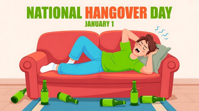 National hangover day cartoon man on couch with empty beer bottles after new year's party with party aftermath
