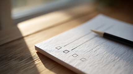 Fototapeta premium Minimalist Checklist Memo Pad with Pencil on Wooden Desk in Natural Light, Focus on Productivity and Task Management Concepts
