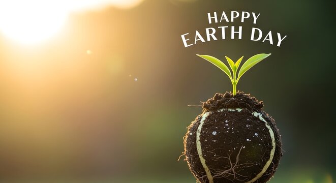Happy earth day greeting with a small green seedling emerging from soil