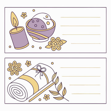 Minimalist spa gift certificates with line art illustrations, wellness voucher templates with candle and towel icons, elegant beauty salon cards