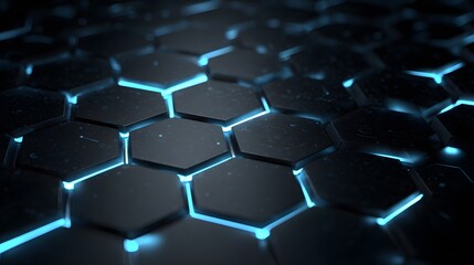 Fototapeta premium A futuristic honeycomb pattern with glowing blue lines on black hexagons