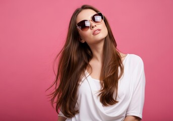 Fototapeta premium Woman with long hair wearing sunglasses and a white top against a pink background