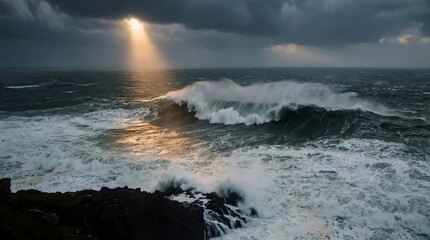 Fototapeta premium Powerful Ocean Waves Crashing on Rocky Coast Under Stormy Sky