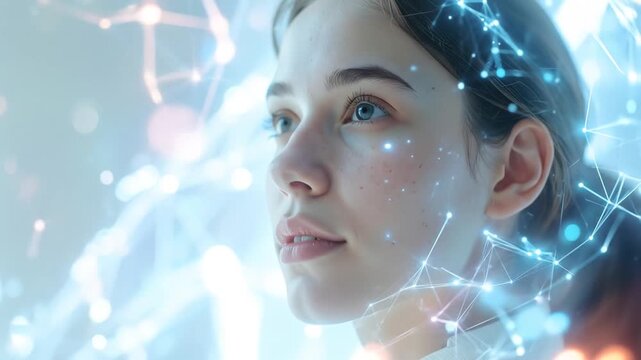 Woman with futuristic digital network background.